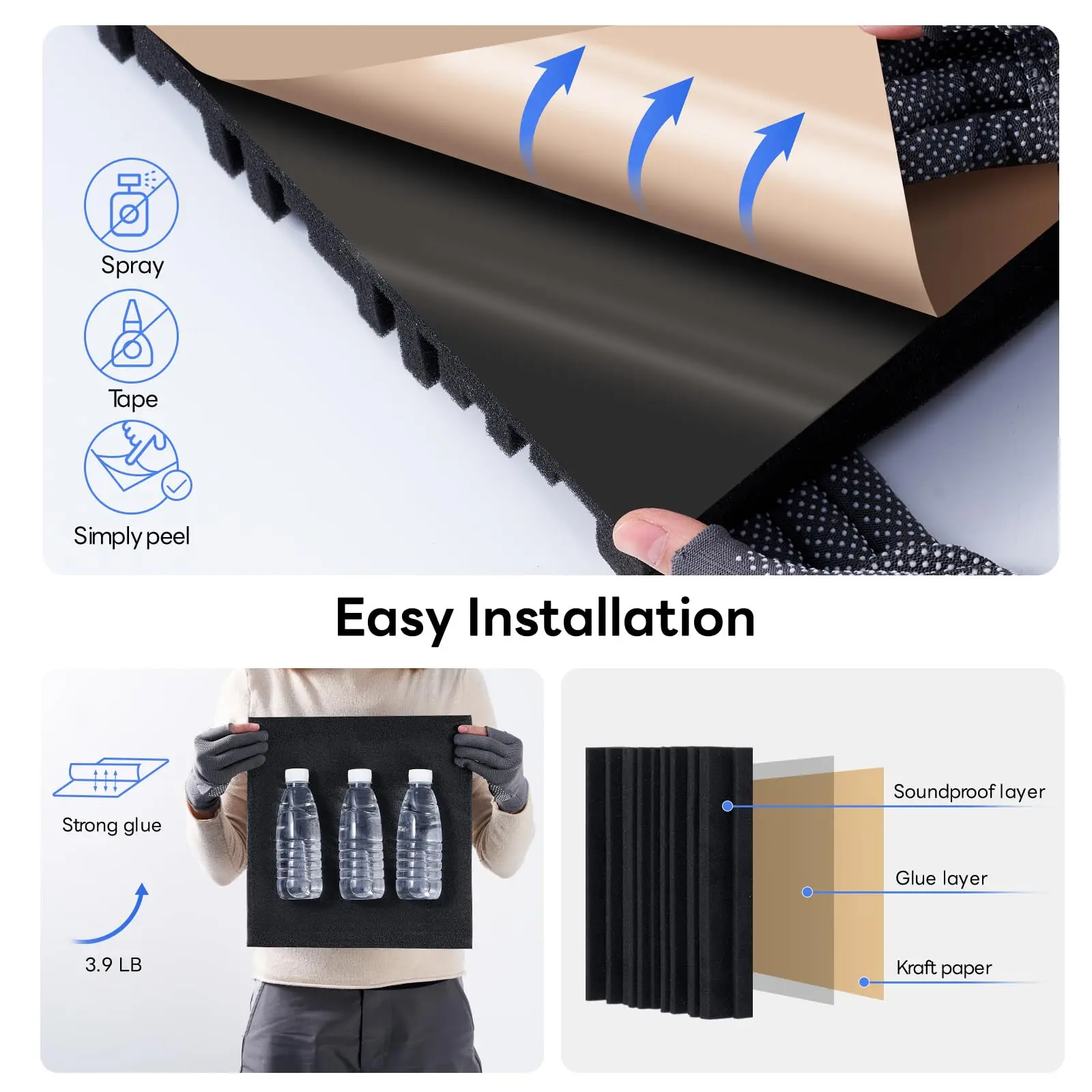 HERTBER Panel de absorción de sonido de pared con espuma acústica insonorizante de 30 × 30 × 5 cm con parte trasera adhesiva para reducción de ruido en interiores, 12/24/48 unidades