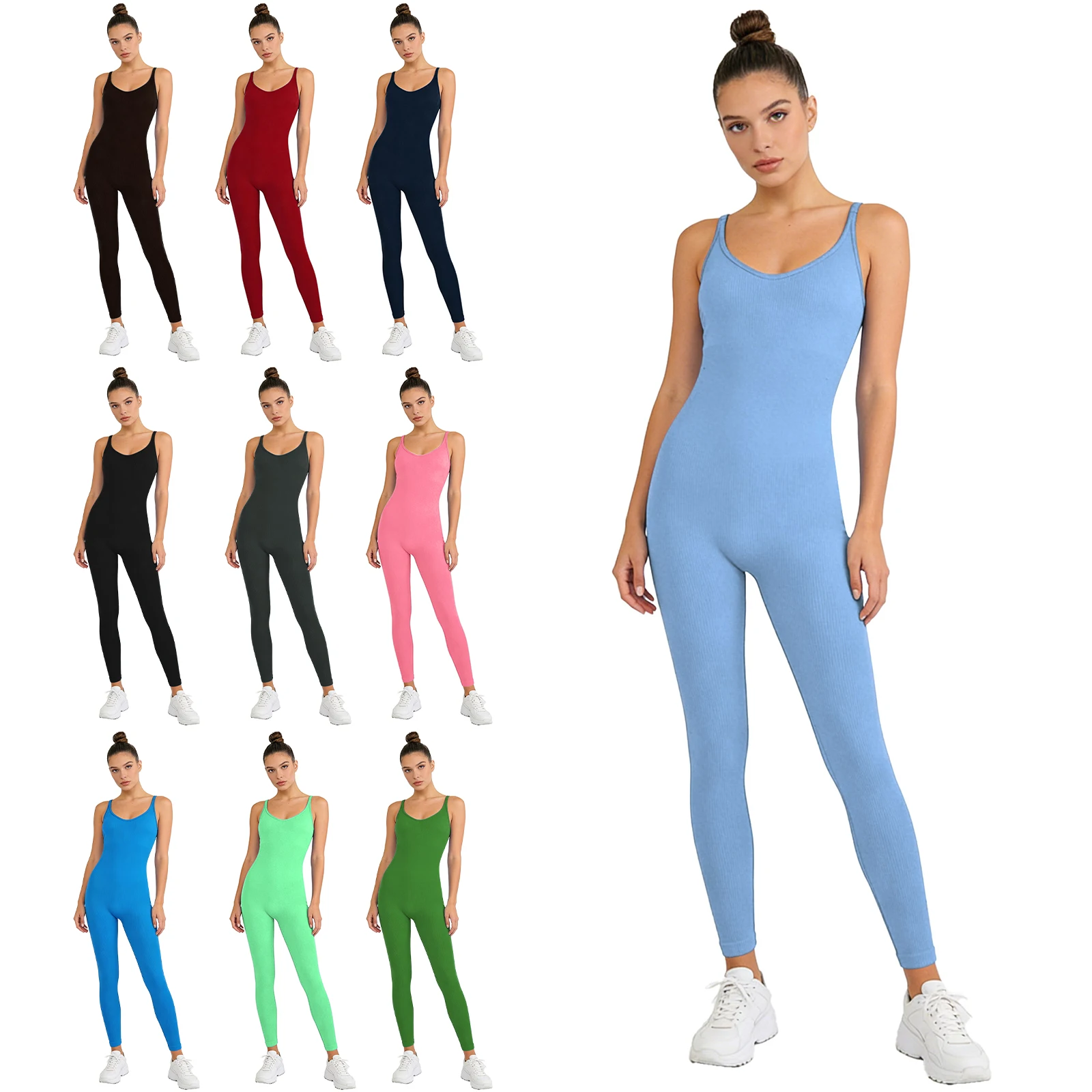 

Женский бесшовный комбинезон для йоги и тренировок с низким вырезом, регулируемыми бретелями-спагетти и ребристыми леггинсами для спортзала, фитнеса, бега и спорта