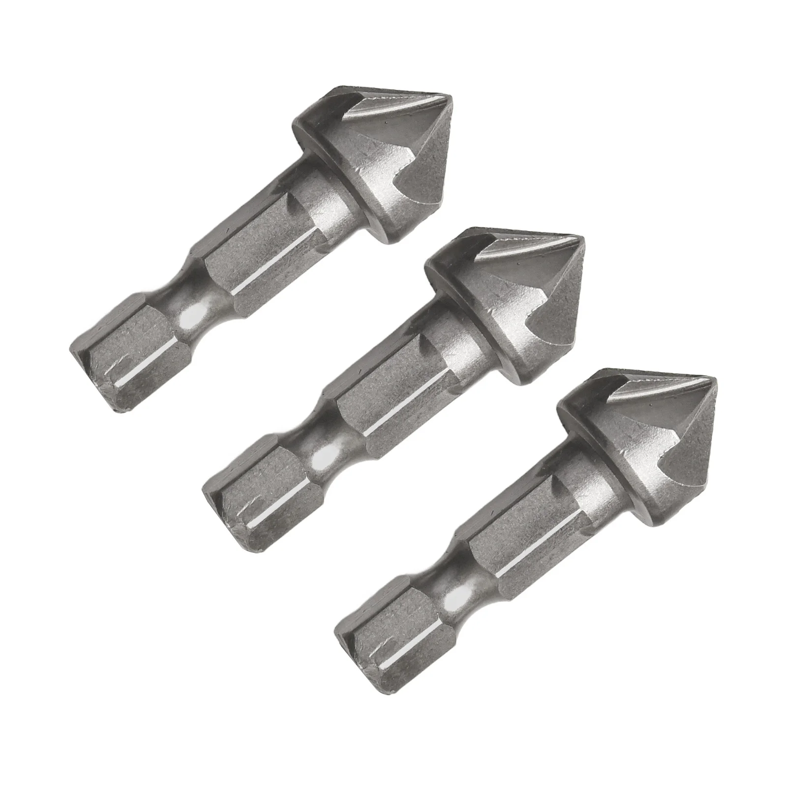 3 buah/set mata bor Countersink perak, mata bor Chamfer enam Flute 6.35mm baja karbon tinggi batang Hex, alat pelepas mesin