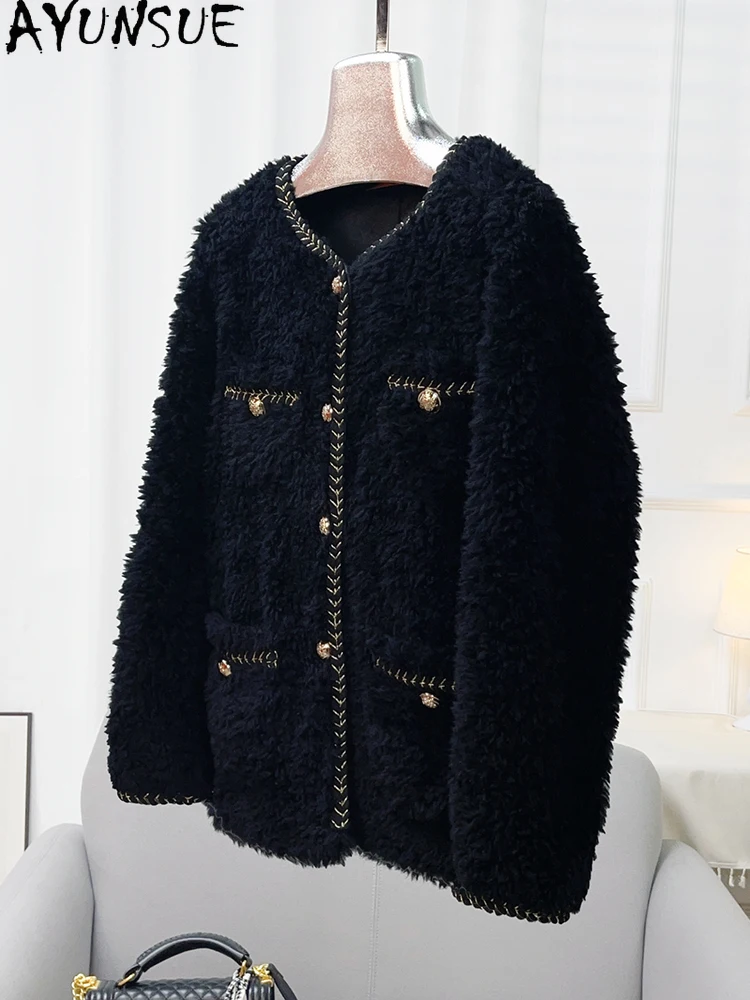 سترة نسائية من الصوف الطبيعي 100% من AYUNSUE لخريف وشتاء 2025 سترة من فرو الضأن الحبيبي ملابس نسائية جديدة في ملابس خارجية Abrigo Mujer