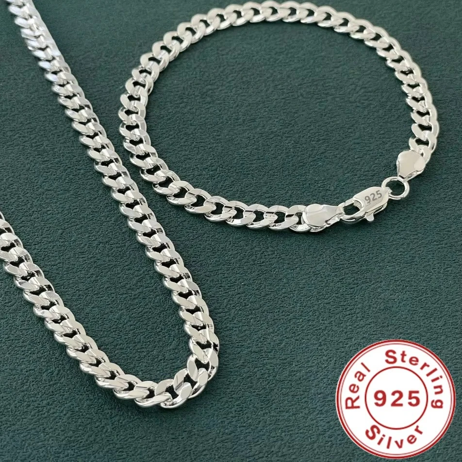 Breloque en argent Sterling 925 de haute qualité, chaîne de 7MM, bracelets et colliers, ensemble de bijoux pour hommes et femmes, cadeaux de fête de mariage à la mode