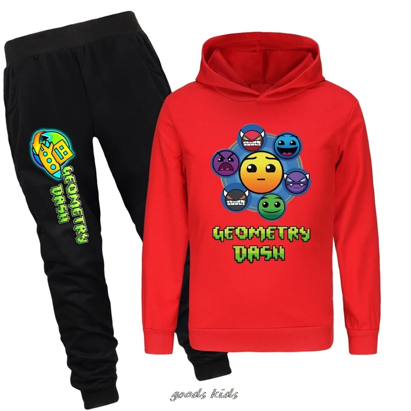 Hot Geometry Dash Clothes Set Kids Cartoon Hoodies & Sweatshirts Pants 2Pcs Sets Toddler Girls Outfits Junior Boys Sportsuits