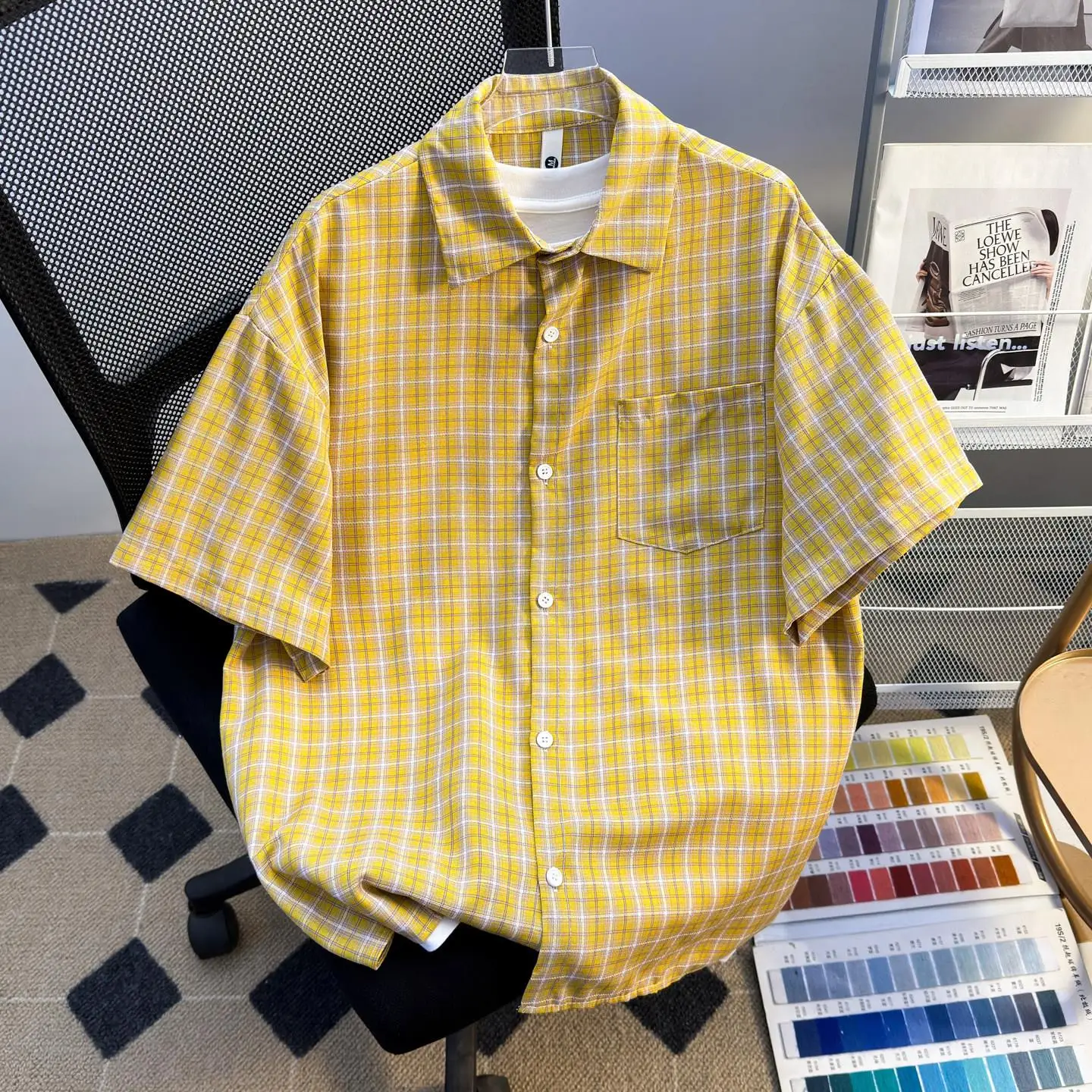 American Retro Plaid Men's Short Sleeve Shirt Casual Loose Summer Breathable Thin Fabric Youth Popular Style Coat Jacket