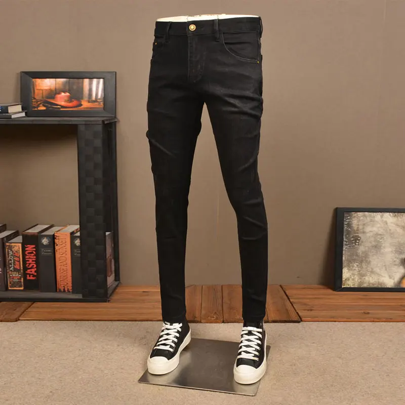 Jean Slim Noir Déchiré pour Homme, Pantalon Crayon en Denim artificiel astique, Vintage, de Styliste, Hip Hop, à la Mode