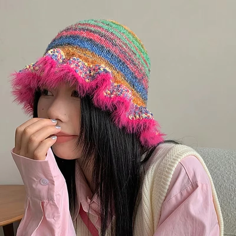 1 Stück Damen Vintage Eimer Hut mit Rüschenkante, Herbst und Winter Regenbogen Streifen Ölgemälde Druck Kappen für Streetwear, Party