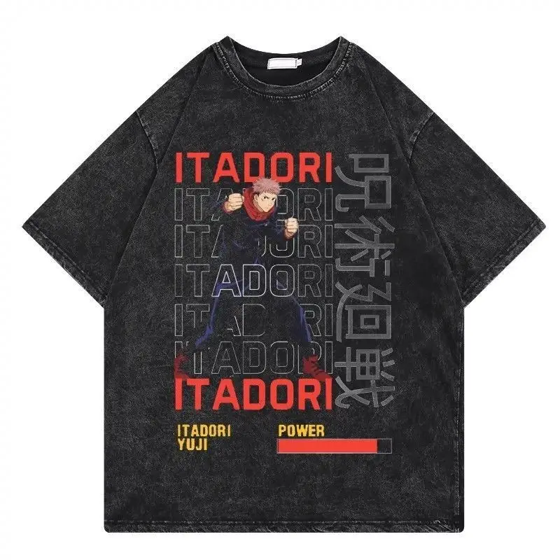 

Jujutsu Kaisen 2026 Summer Vintage Washed Cotton T Shirt Oversized Streetwear Yuji Itadori Power Bar Repeat Text Graphic Tee