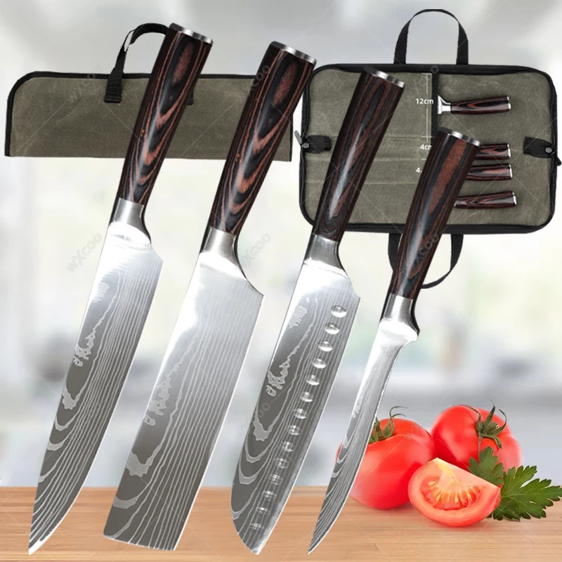 

Japanese Kitchen Knives Set Stainless SteelButcher Boning Knife Carving Cleaver Santoku Chef Knife with Knife Storage Bag