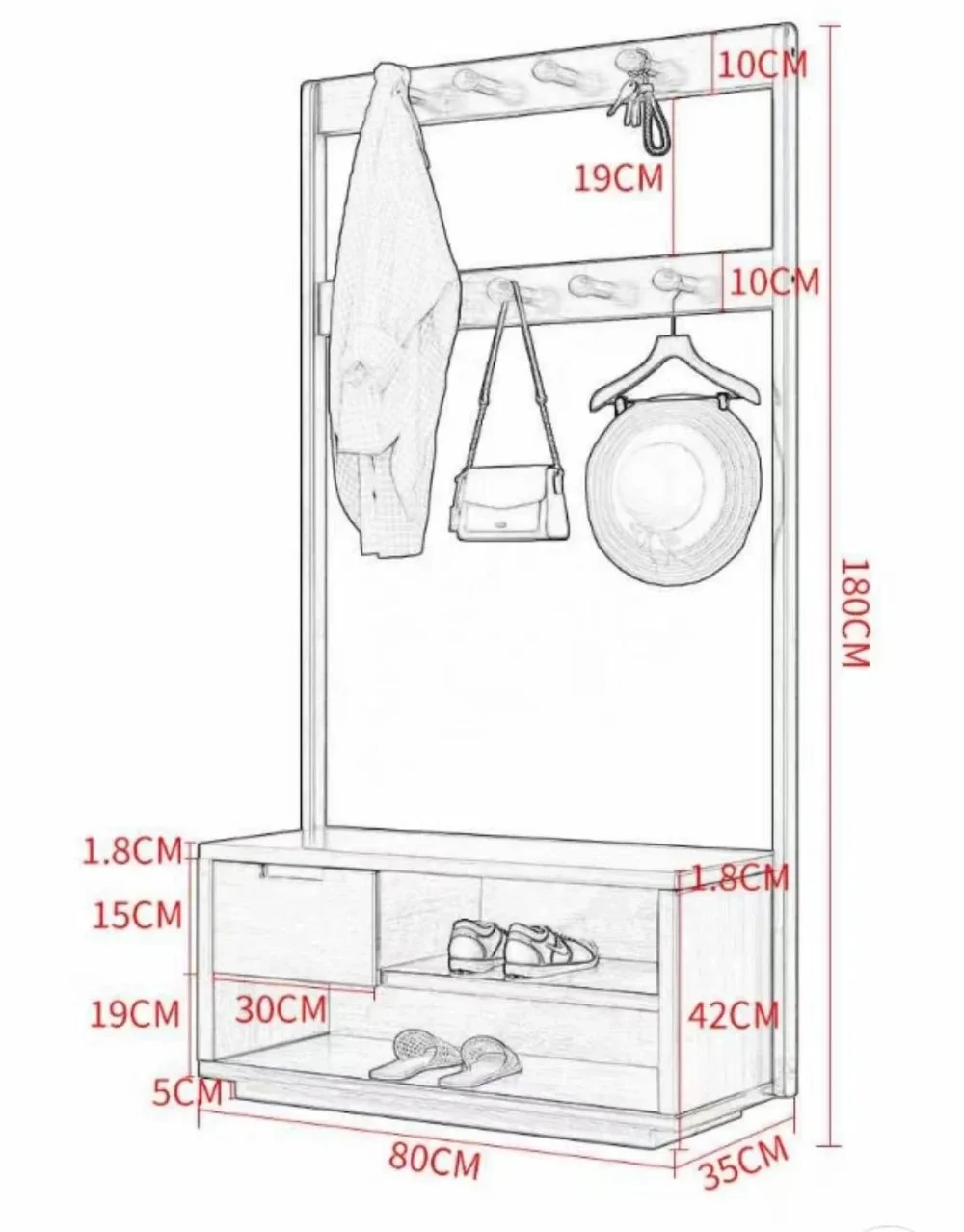 Cross-border Small Space Storage Modern Minimalist Entry Rubber Wood Multifunction Shoe Coat Rack Home Furniture Hidden Drawer