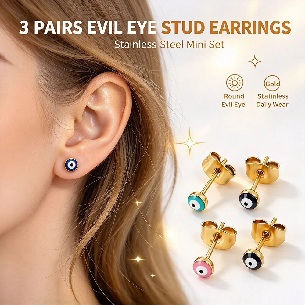 Wholesale 3Pairs Evil Eye Stud Earrings Gold Tone Stainless Steel Colorful Enamel Tiny Earring Factory Direct Jewelry