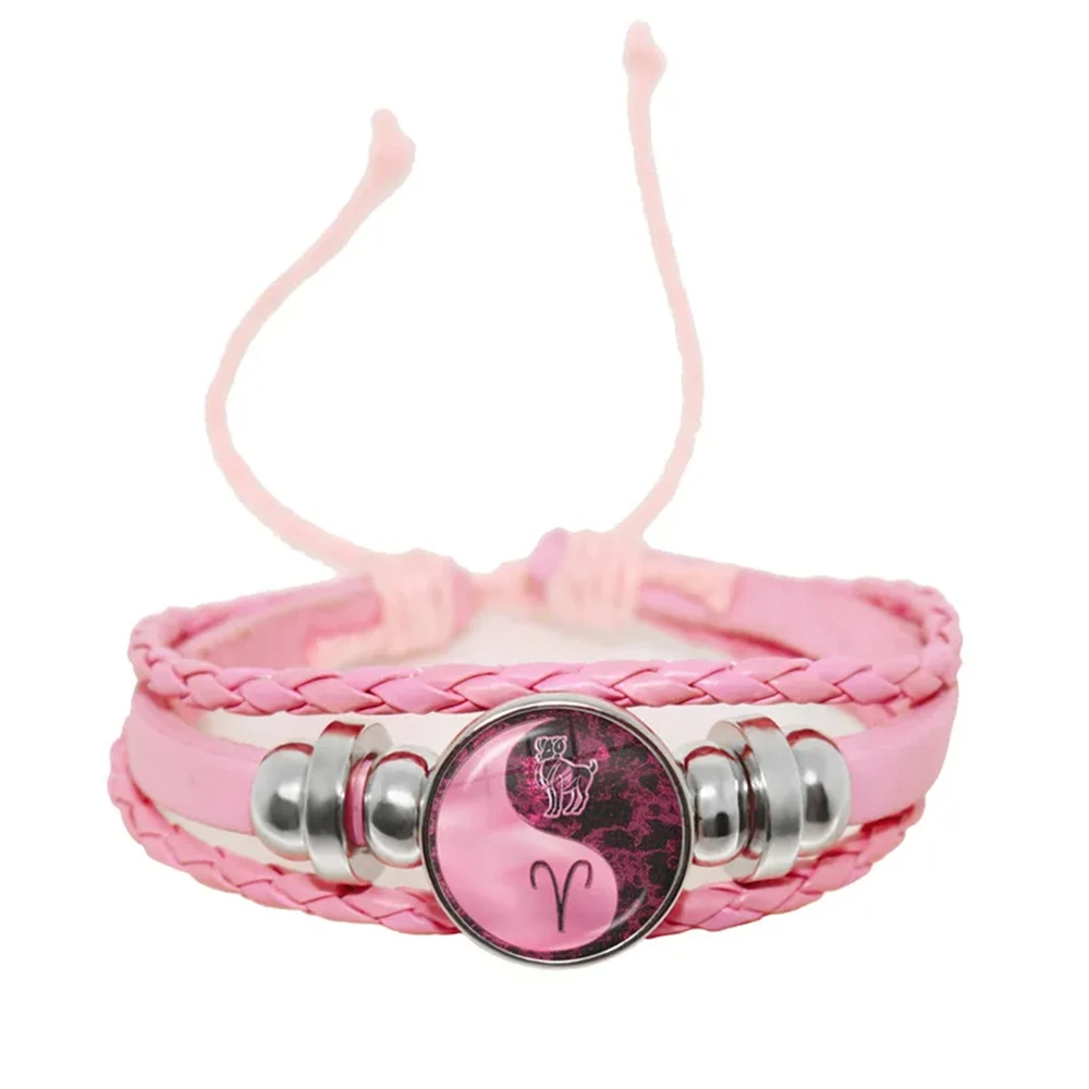 12 signos del zodiaco pulseras Yin Yang constelación cabujón de cristal brazalete de cuero rosa mujeres niñas regalos de cumpleaños Dropshipping