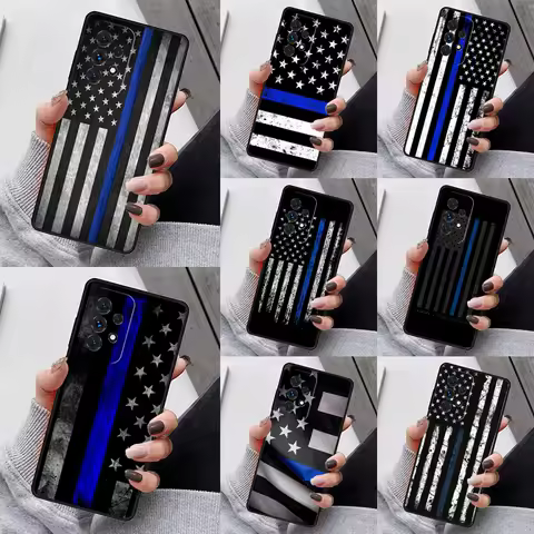 Police Styled Thin Blue Line Flag Case For Samsung Galaxy S23 S21 S20 FE S24 S22 Ultra Note20 S10 S9 S8 Plus A40 A52 A12 A13 A53