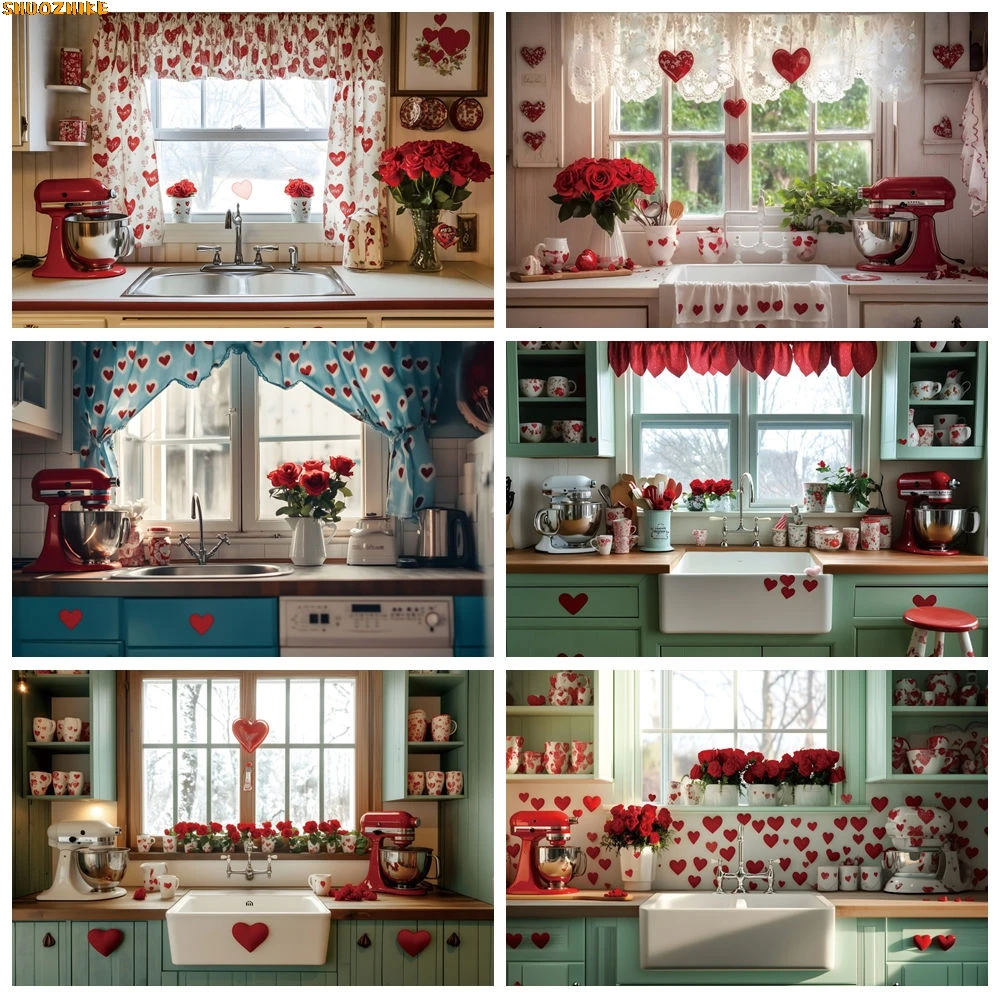 

February 14th Valentine's Day Photography Backdrop Kitchen Cabinet Curtain Rose Love Heart Couple Portrait Photo Background Deco