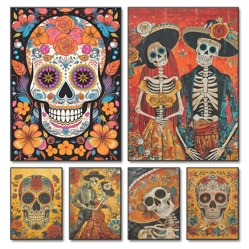 Cartoon Mexican Day of The Dead Flower Skull Lovers Poster and Print Canvas Printing Wall Art Picture for Living Room Decor Gift