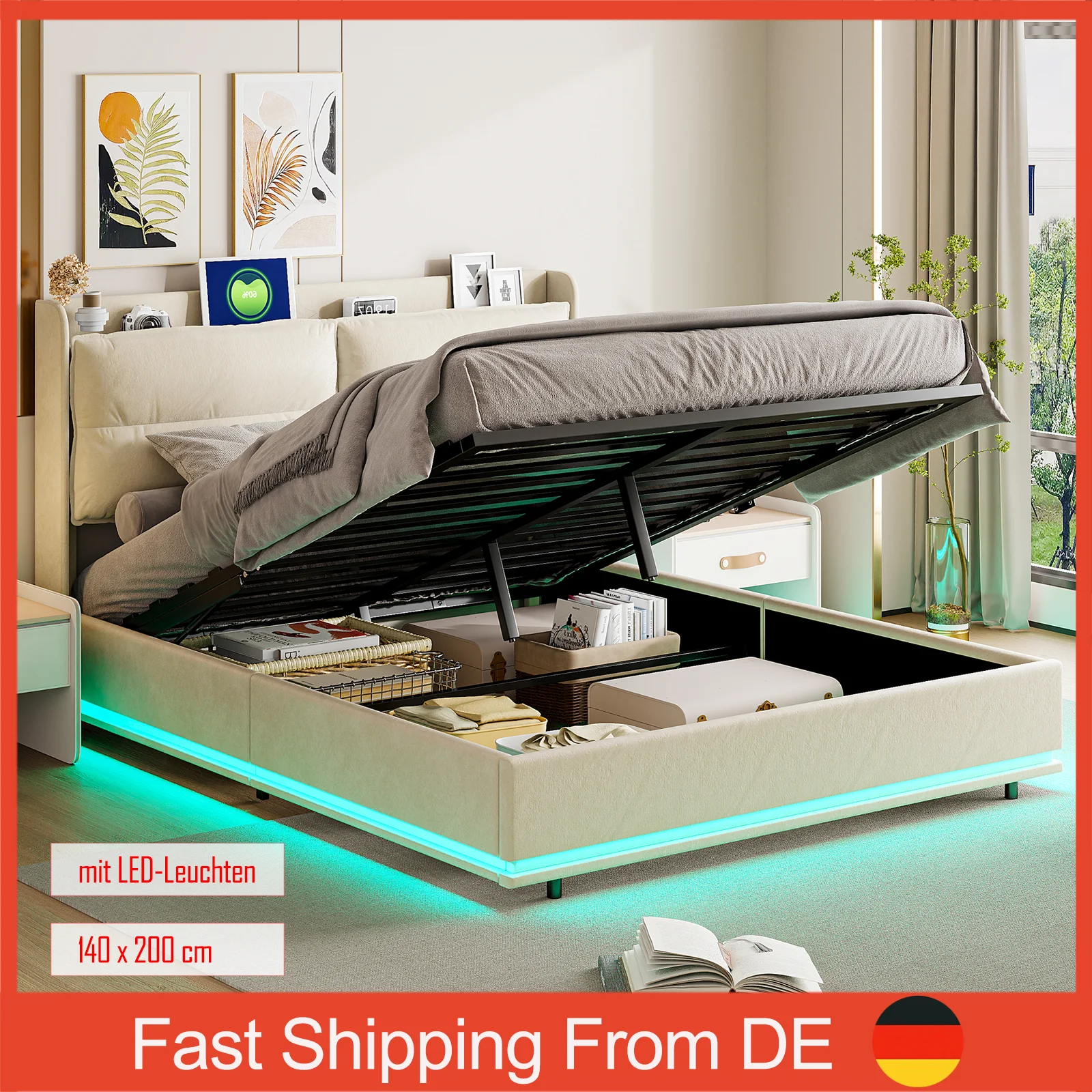 Double Bed Upholstered Bed 140x200,LED Hydraulic Storage Bed,with Headboard,USB Charging, Slatted Frame,Velvet,Without mattress