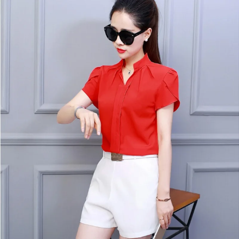 Women Shirt Chiffon Tops Short Sleeve Elegant Ladies Formal Office Lady Blouse