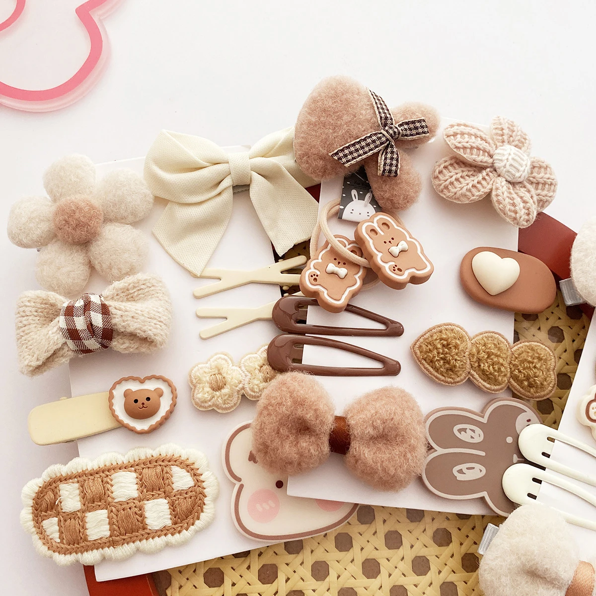 10sets Korean Style Versatile All-matching Milky Autumn And Winter Plush Flowers Cute Girl Heart Hairpin Coffee Bow