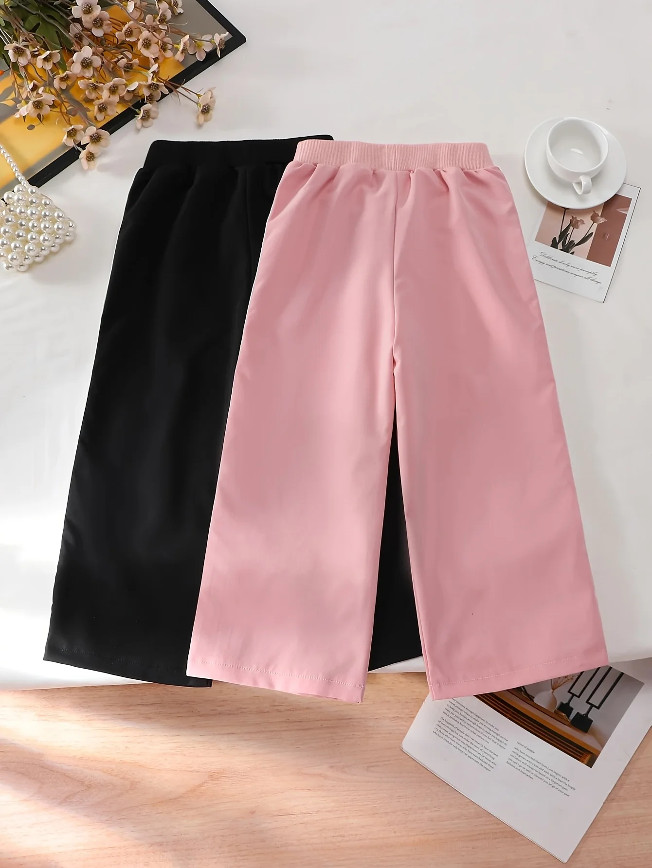 Girls' Side-Stripe Bow-Detail Pants (2-Pack): Pink & Black Casual Spring/Summer High-Waisted Straight-Leg Trousers with Bows – S