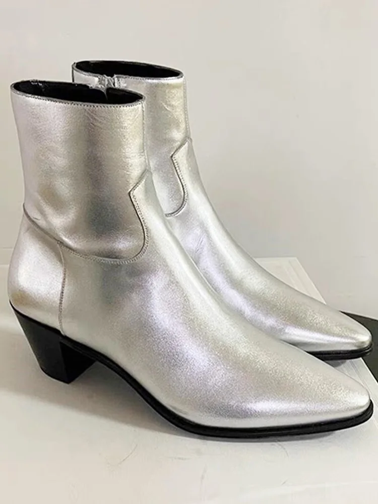 Autumn Winter New Men\'s Chelsea Boots Silver Genuine Leather Pointed Toe High Heels Booties British Style Fashion Male Shoes