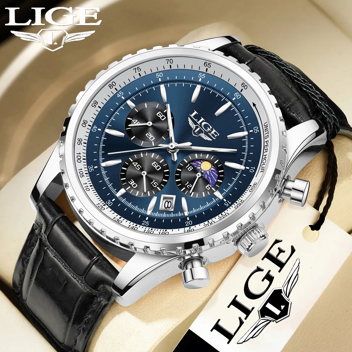 

LIGE мужские часы модные спортивные кожаные кварцевые часы для мужчин светящиеся водонепроницаемые часы с фазой Луны и датой мужские часы хронограф