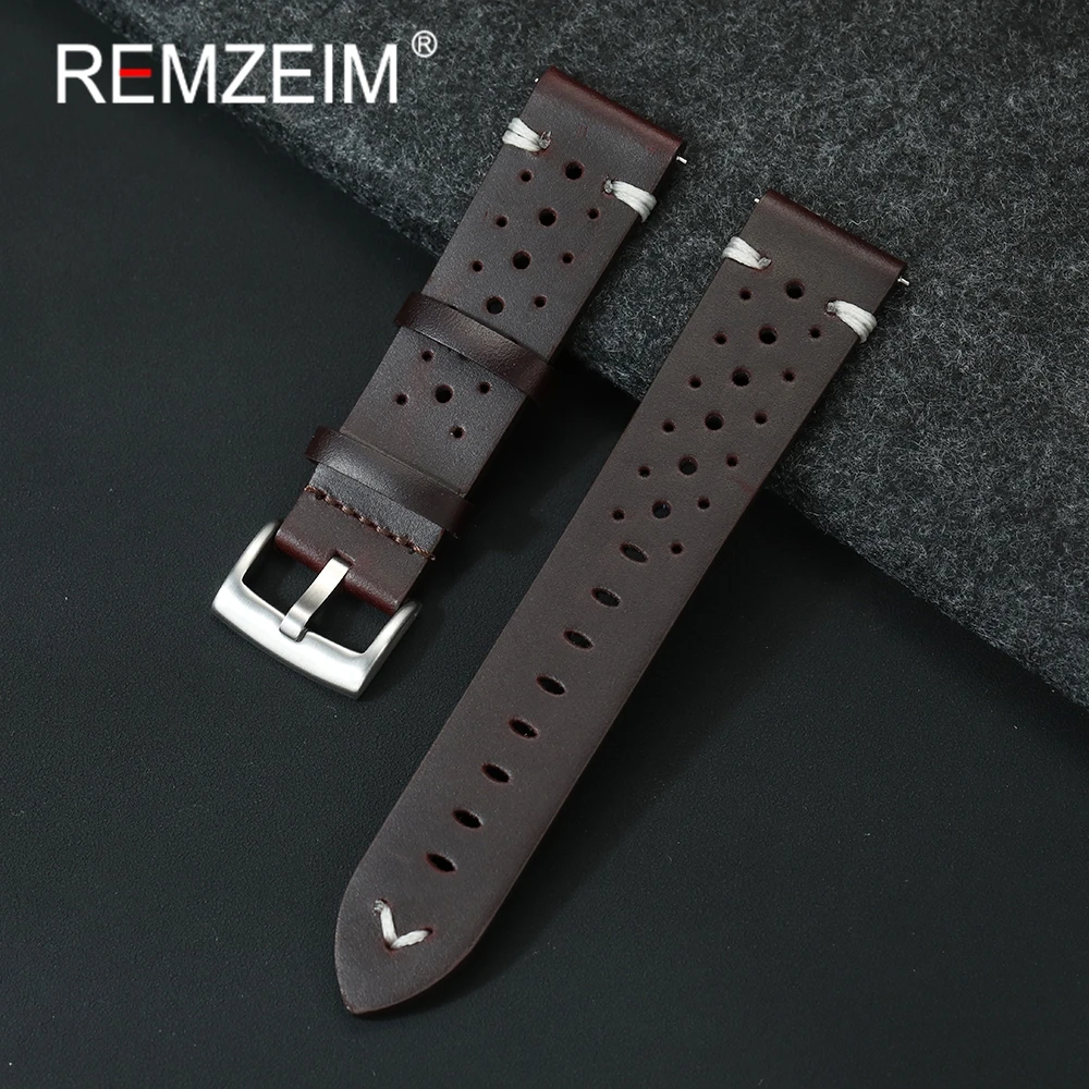 Retro-Armband aus echtem Leder, 20 mm, 22 mm, Kalbsleder-Uhrenarmbänder, porös, atmungsaktiv, handgefertigte Nähte, Schnellverschluss-Armband