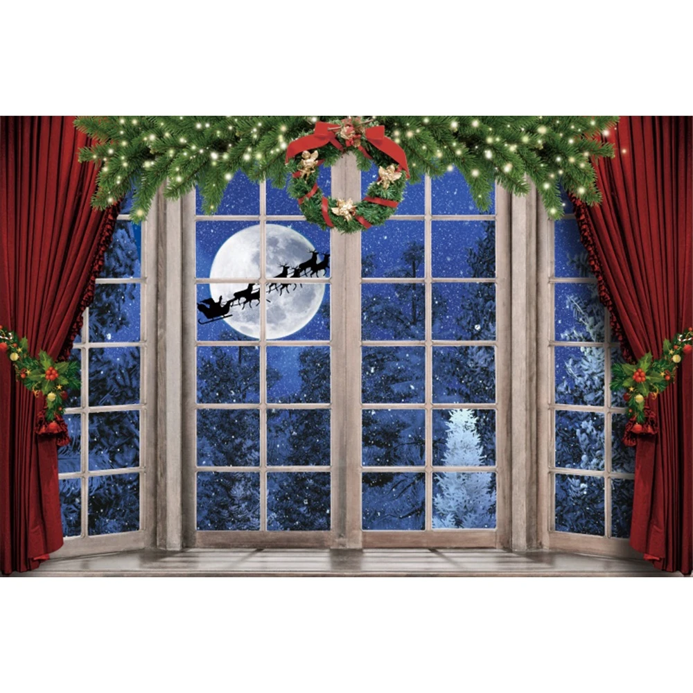 Christmas Window Backdrop Winter Wonderland Snow Tree Reindeer Santa Festival Party Photography Background Decor Photo Studio