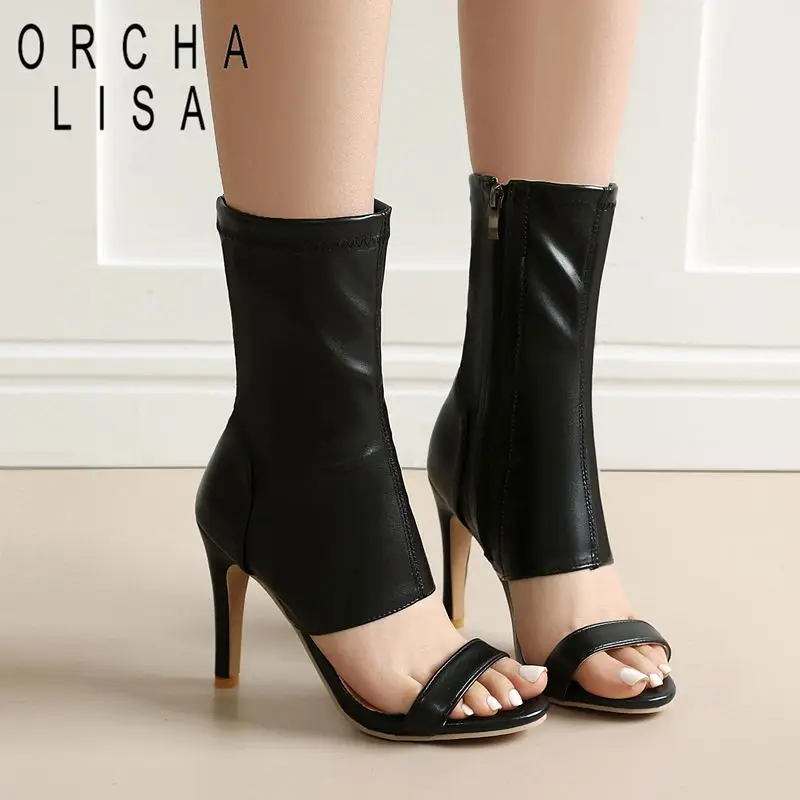 

ORCHA LISA Белые женские сандалии с круглым носком, на шпильке 10 см, на молнии, большие размеры 46, 47, 48, сексуальные, для свиданий, ручной работы, обувь до середины икры