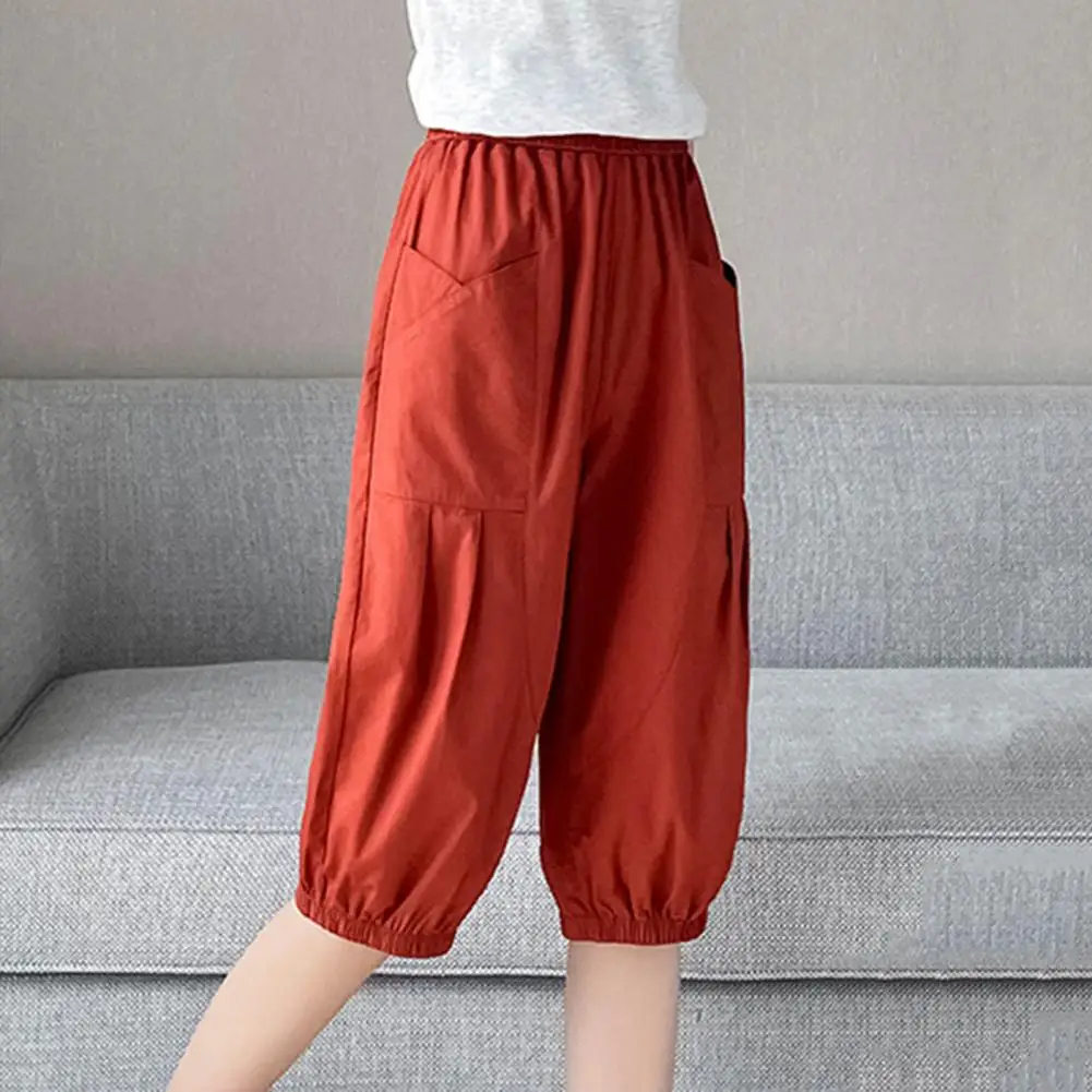 

High-waisted Casual Trousers Women's Summer Thin Cropped Pants with Elastic High Waist Mid-calf Length Pockets Solid for Work