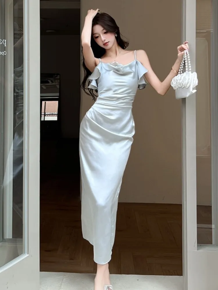 Elegante Vrouwen Swing Kraag Kanten Afwerking Satijnen Spaghetti Jurken Effen Kleur Taille Geplooide Backless Jurk Zomer Vestidos Nieuw