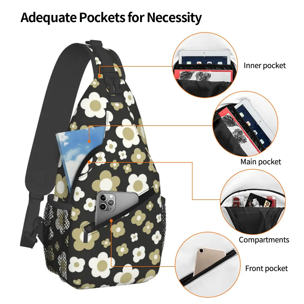 Black And Sage Green Groovy Ditsy Daisies Chest Bag Men Sling Crossbody Backpack Chest Bag Traveling Hiking Daypack Shoulder Bag