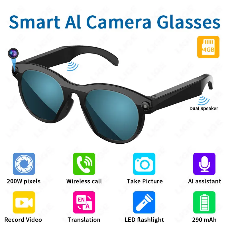 

AI Glasses Camera 200W Video Recording HD Shooting Voice Assistant Real-time Translation Intelligent Recognition Smart Glasses