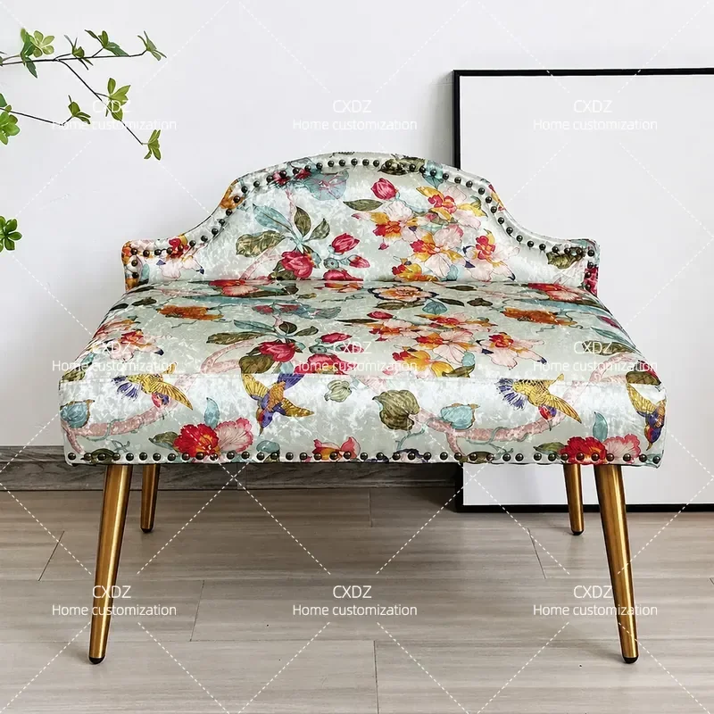Pastoral Retro Floral Fabric Bedroom Bedside Stool With Backrest Long Bench For Entryway Shoe Changing Living Room Sofa