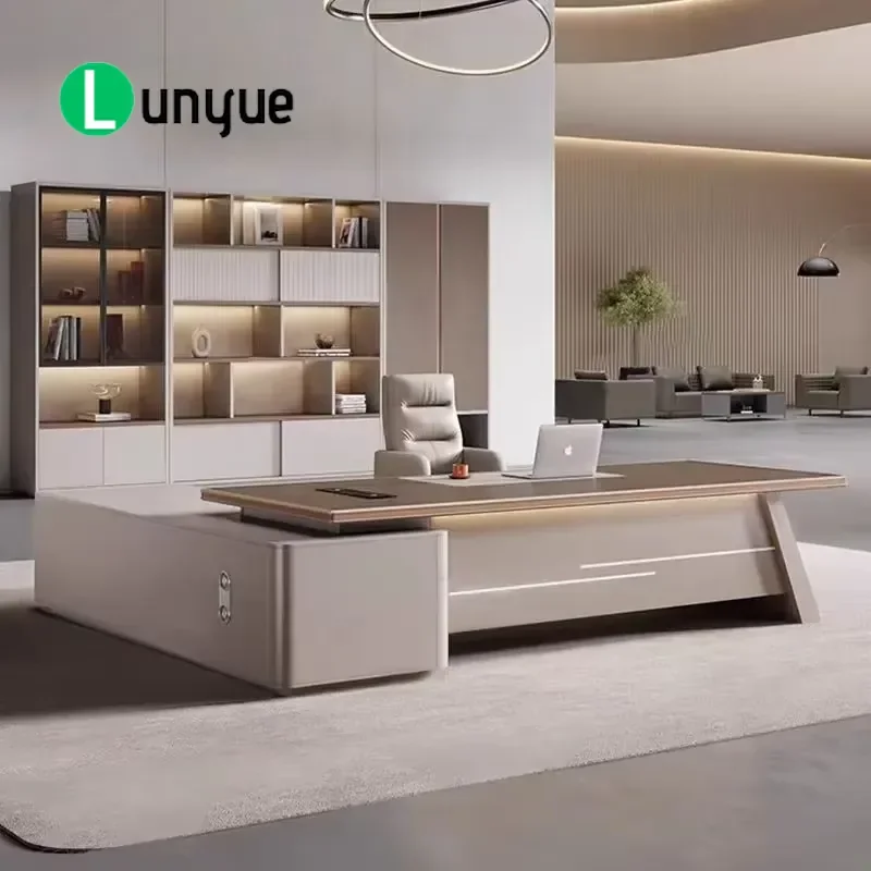 L Shaped Executive Desk Wooden Veneer Office Table with Side Lockers Large Storage Space for Manager Workstation