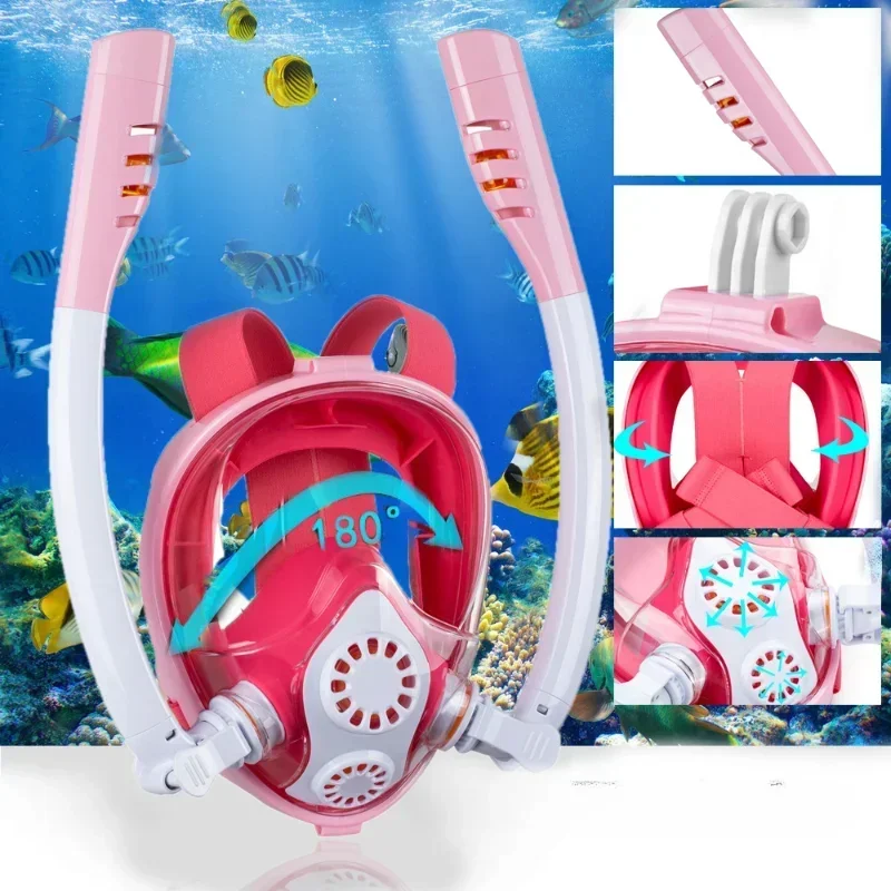 

Professional Kids Snorkeling Mask 180° Panoramic View Dual Snorkel Hose Fully Dry Waterproof Soft Silicone Safe Underwater Sport