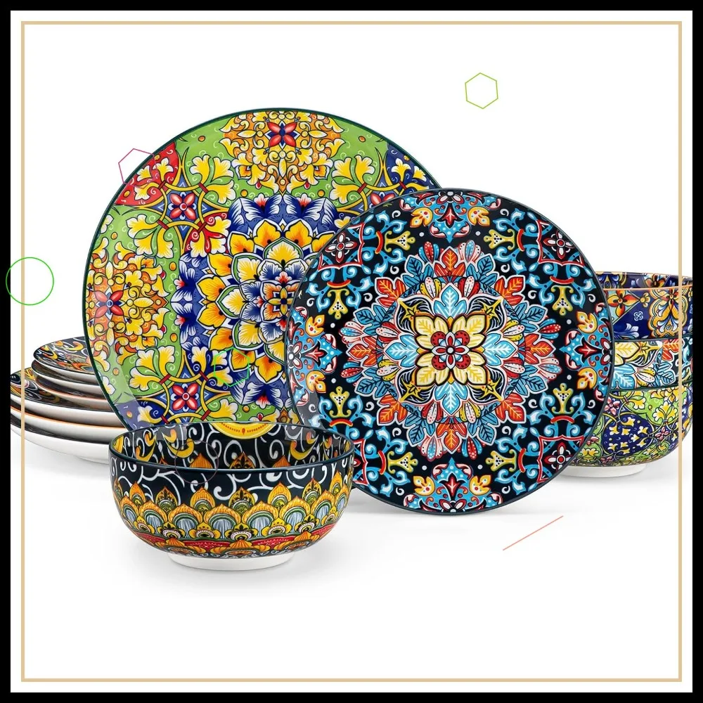 

Набор посуды в богемном стиле из 12 предметов на 4 персоны, фарфоровые тарелки и миски, пригодные для использования в микроволновой печи и посудомоечной машине
