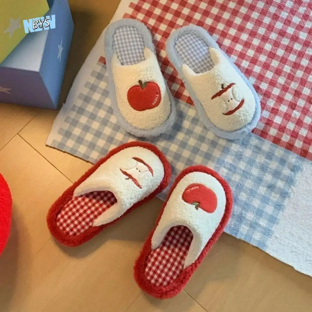

Sweet Grid Stripe Cute Plush Slippers Thick Sole Non-Slip Winter Slides Women Casual Soft Fruit Plush Slippers Women