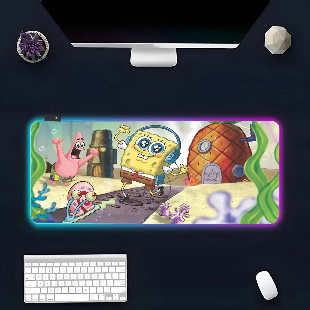 Anime Game S-SpongeBob Mouse Pad RGB Glow Personality Picture Custom PC Table Mat Carpet Mat Game Player Dedicated LED