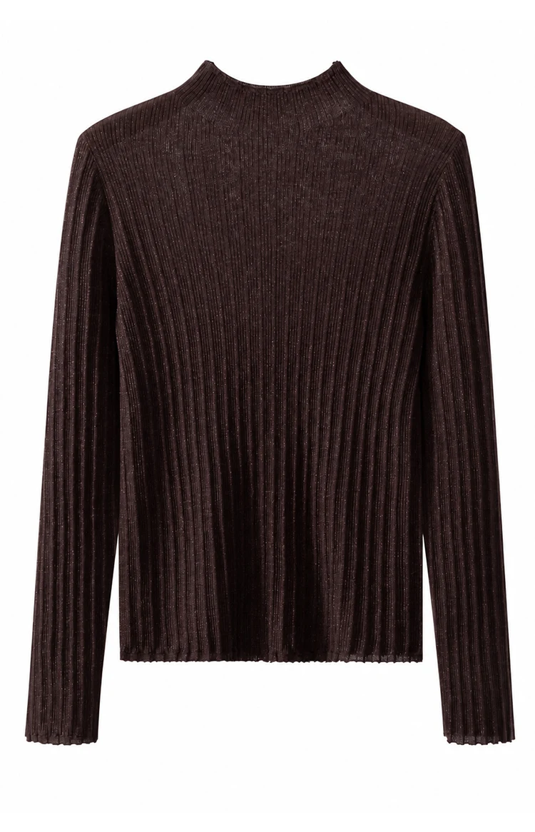 BL3621732 Damen-Pullover mit Stehkragen aus Wollmischung, Lurex, gerippt, langärmelig, mit Wellenkragen, seitlicher Kette und metallischem Glanz für den Herbst – Detail 16