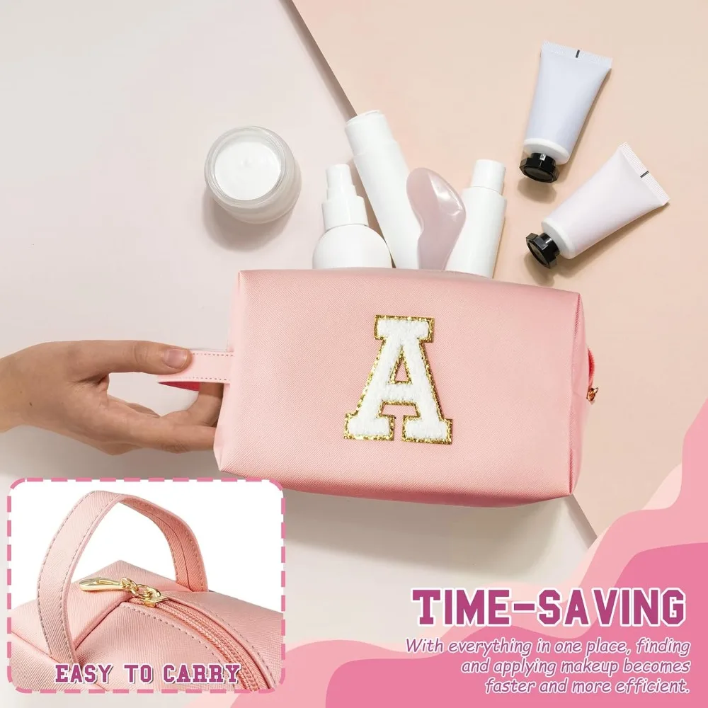 Initial Makeup Bag, Stylish Zippered Cosmetic Bag, Ideal for Girls and Women, Great Grad Gift (Pink)