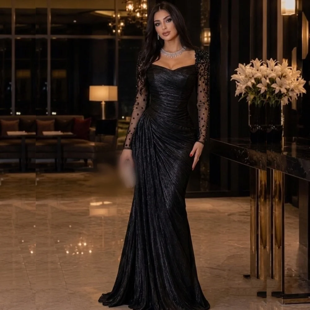 Customized Formal Glitter Women's Evening Gowns Long Sleeves Trumpet Pleat Floor-length High Quality Party Gown for Banquet