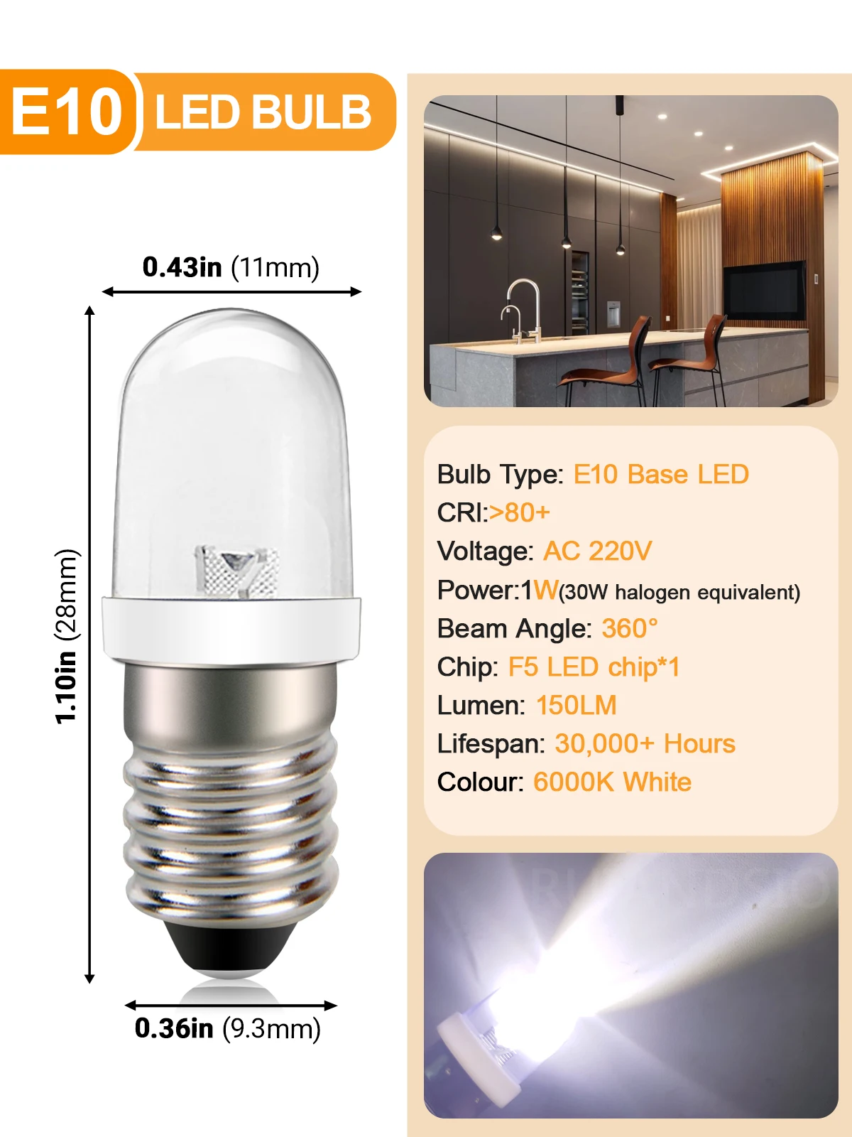 E10 Mini Screw LED Bulb 220V-240V Appliance Indicator Light 6000K 360° Bright Non Flicker Replacement for Chandelier Lamp 1Pcs - view 6
