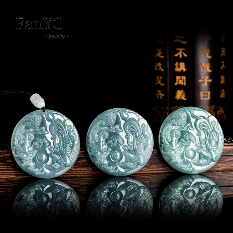 Myanmar Jadeite Blue Water Dragon and Phoenix Pendant Hand-carved Exquisite Couple Necklace Men and Women Holiday Gift