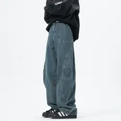 Patchwork style Men's Baggy Straight Jeans Personality unisex Fashion Korean High Street Denim Pants Streetwear Male Trousers