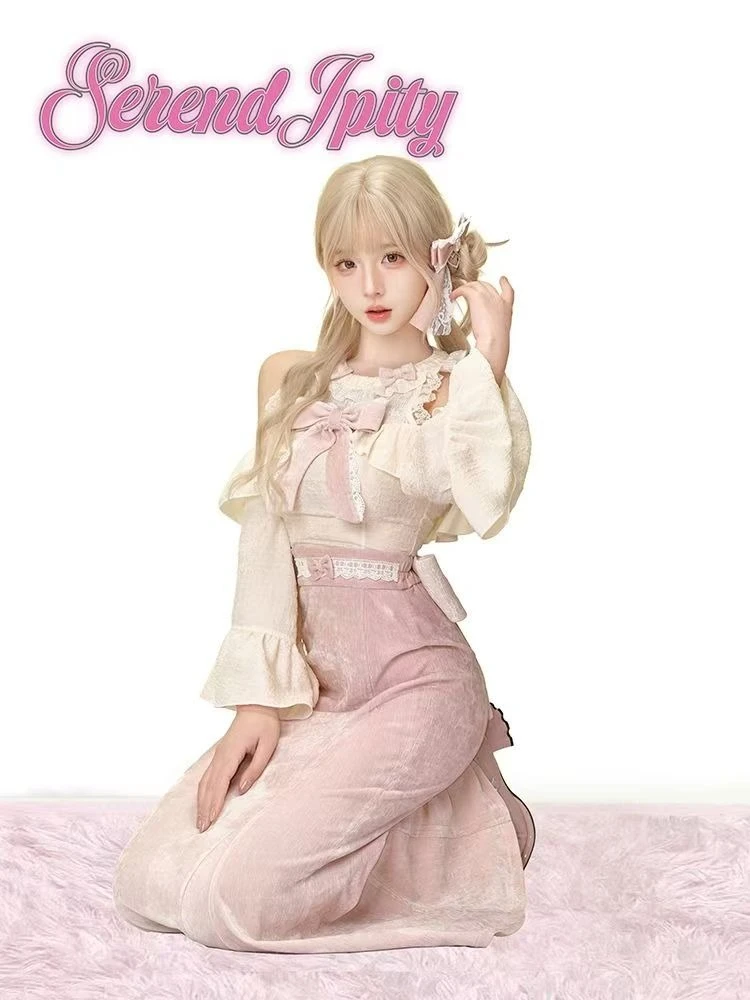 Set Wanita Elegan Gaya Prancis Musim Gugur, Manis dan Chic, 2 Potong, Atasan Berenda dengan Aksen Pita + Rok Berpinggang Tinggi