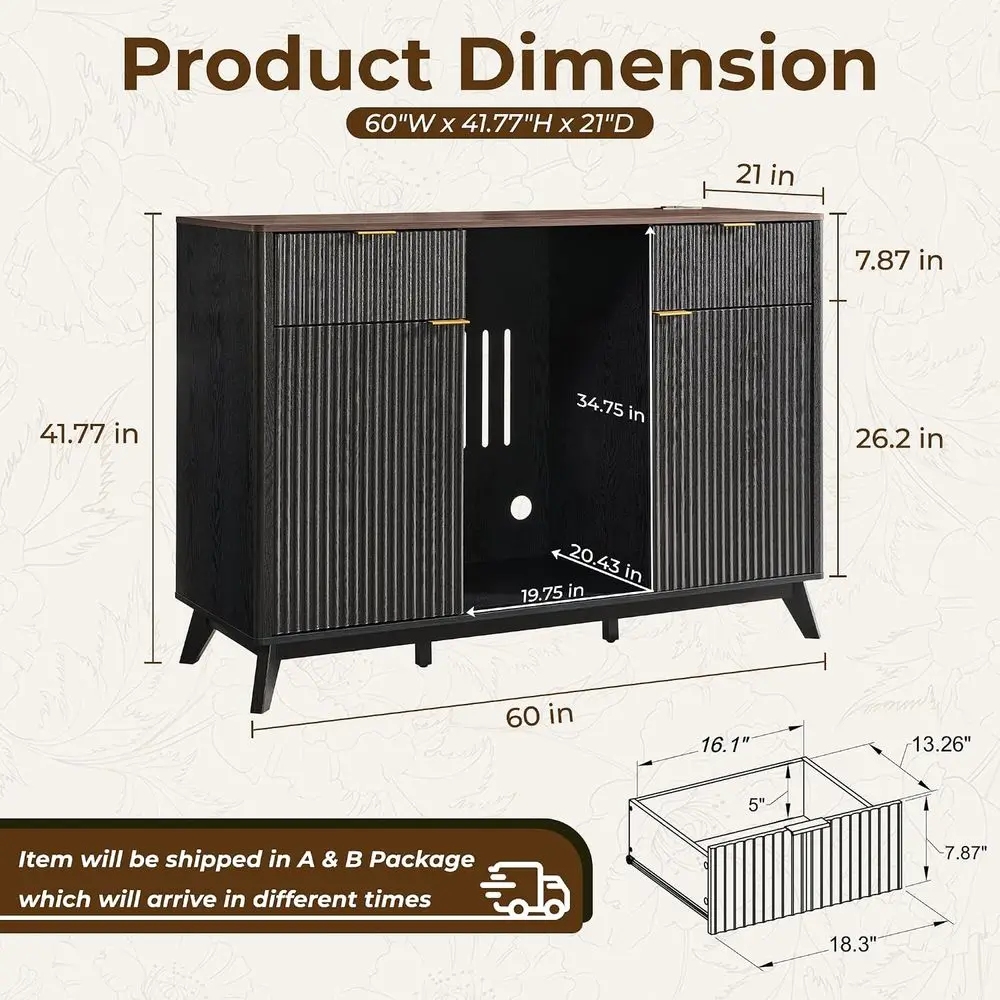 60 Coffee Bar Cabinet with Mini Fridge Space, Black & Walnut, Built-In Charging, 3 Stemware Racks, 2 Drawers, 2 Cabinets, Home B
