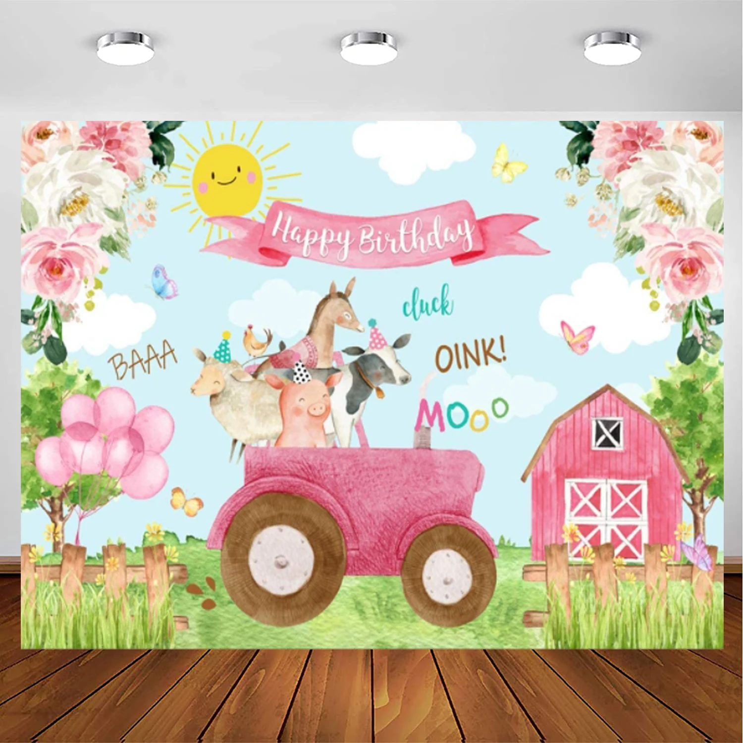 

Farm Animals Birthday Party Photography Backdrop Pink Flowers Floral Barn Girls Children Background Party Decoration Cake Table