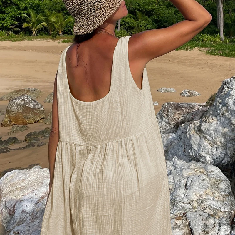 Newly 100% Cotton Gauze Dress For Women 2026 Square Collar Sleeveless Open Side Long Dress Summer Comfortable Beach Outfit