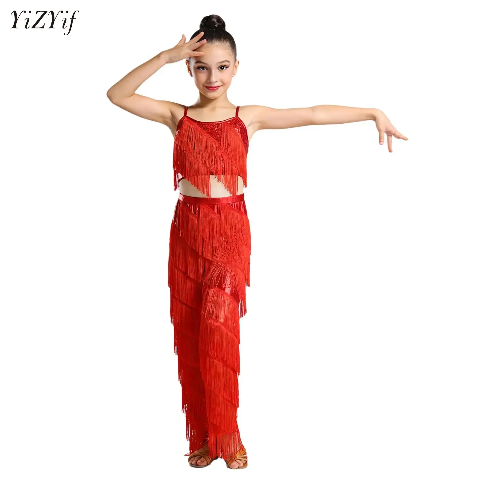 

Kids Latin Dance Pantsuit Costumes Ballroom Fringe Tassel Dress Pants Girls Salsa Samba Children Stage Performance Outfits Wear