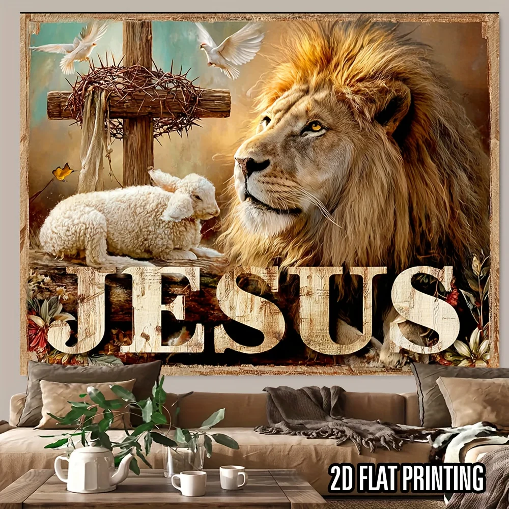 

1pc Religious Lion & Lamb Cross Backdrop Banner- Religious Party Banner With Lion Of Judah, Ideal for Room Wall Hanging Decor