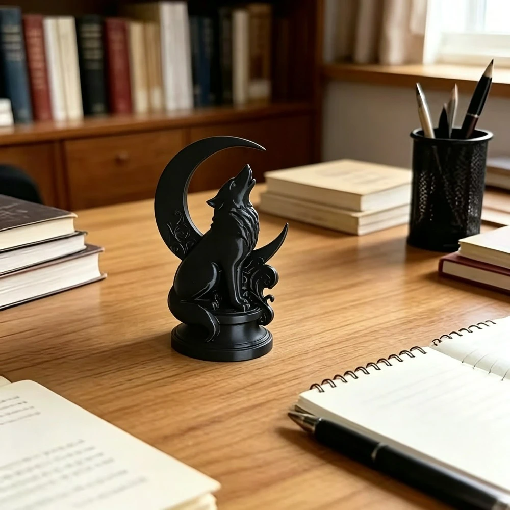 Howling Wolf Figurine,3D Printed Crescent Moon Wolf Statue,Mini Animal Sculpture For Desk,Shelf,Desktop Shooting Prop Home Decor