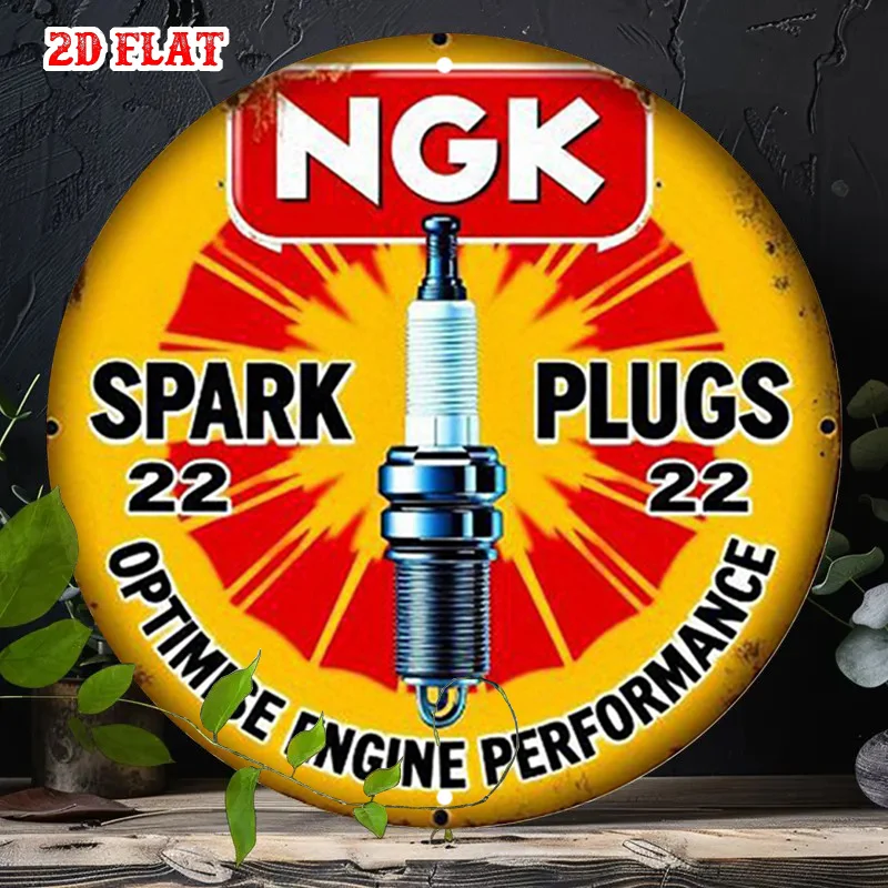 Plaque murale décorative vintage NGK Bougies d'allumage, en métal rond, style rétro, avec motifs de pièces automobiles, pour optimiser les performances du moteur, pour garage rustique